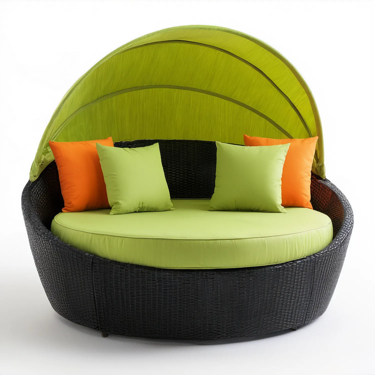 Okrągłe łóżko ogrodowe z daszkiem, rattan PE, czarno-jasnozielone, 180 x 180 x 170 cm