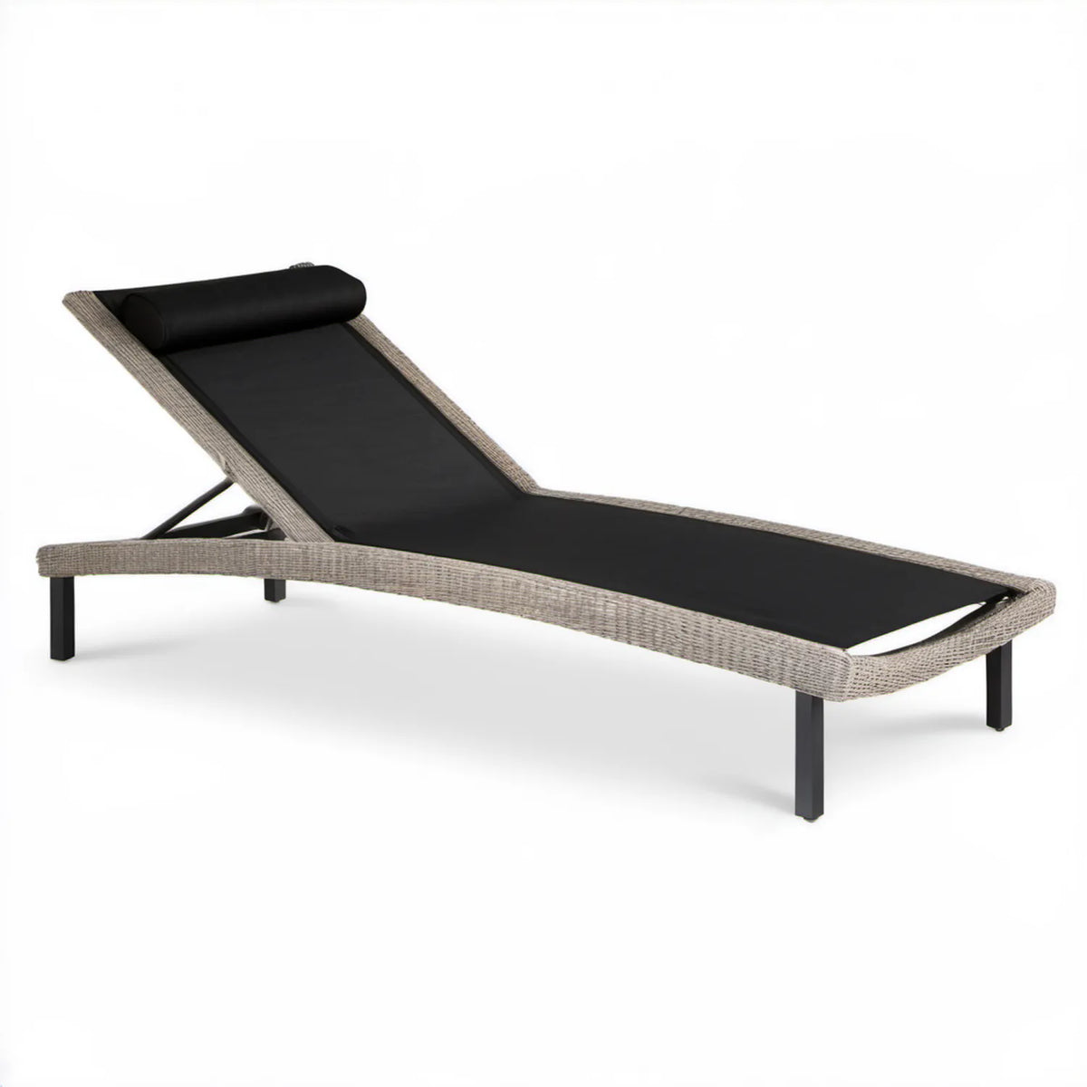 Regulowany leżak ogrodowy z technorattanu PE czarno-szary 200 x 70 x 33 cm